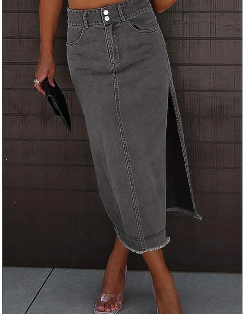 Black Raw Edge Side Slits Buttoned Midi Denim Skirt