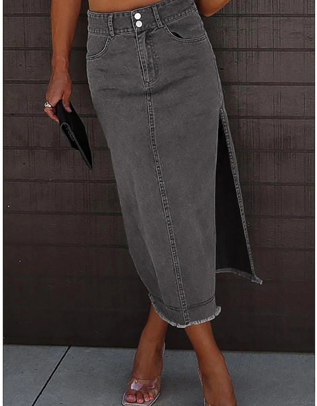 Black Raw Edge Side Slits Buttoned Midi Denim Skirt
