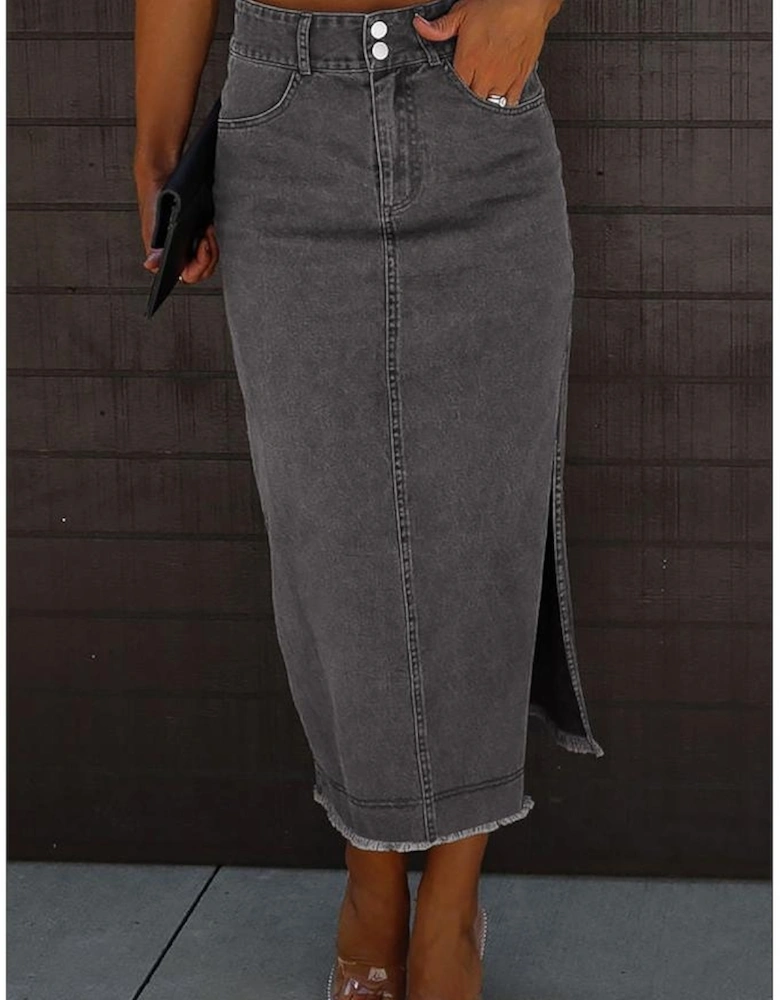 Black Raw Edge Side Slits Buttoned Midi Denim Skirt