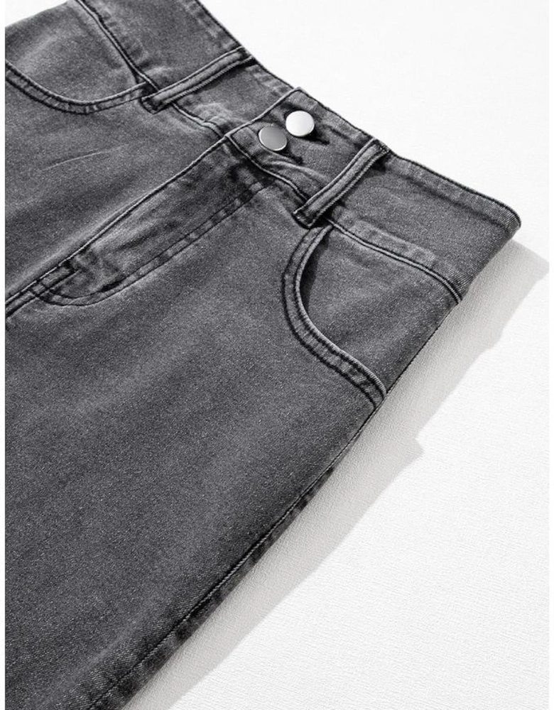 Black Raw Edge Side Slits Buttoned Midi Denim Skirt