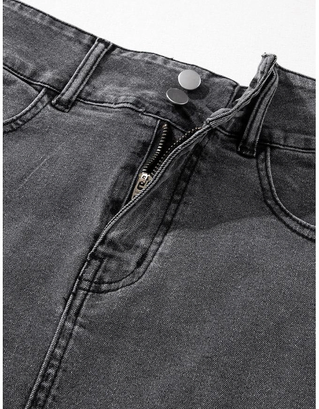 Black Raw Edge Side Slits Buttoned Midi Denim Skirt