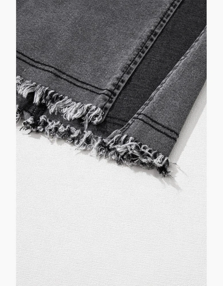 Black Raw Edge Side Slits Buttoned Midi Denim Skirt