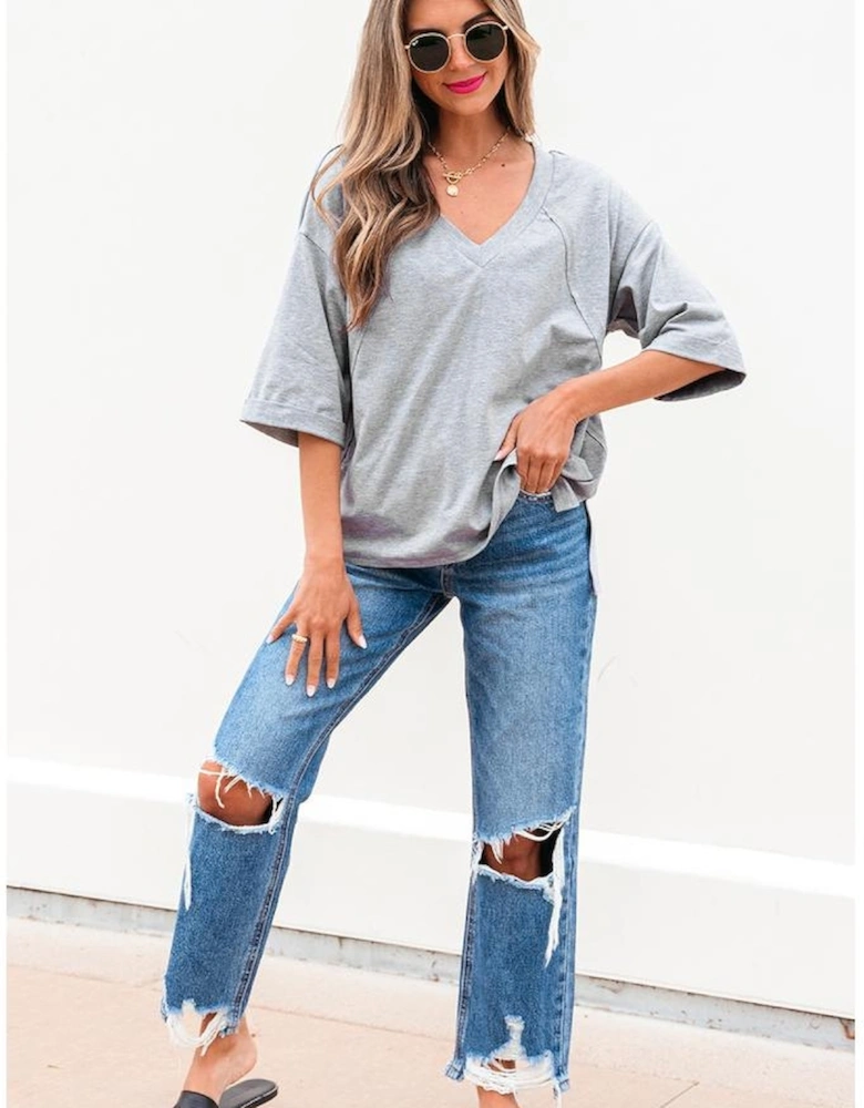 High Raglan Half Sleeve V Neck Oversized T Shirt