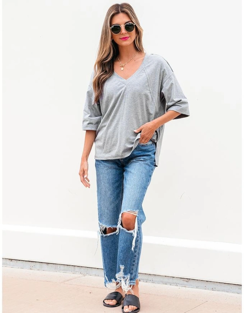 High Raglan Half Sleeve V Neck Oversized T Shirt
