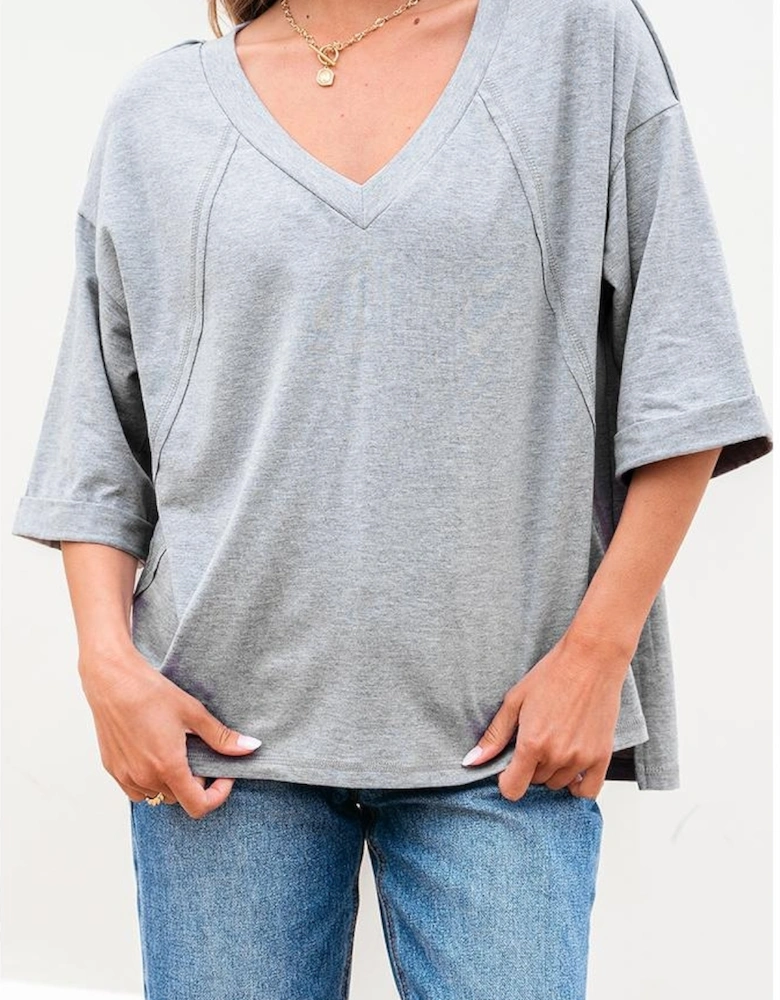High Raglan Half Sleeve V Neck Oversized T Shirt