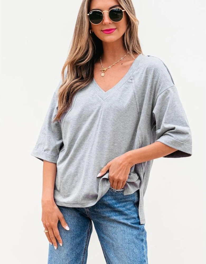High Raglan Half Sleeve V Neck Oversized T Shirt