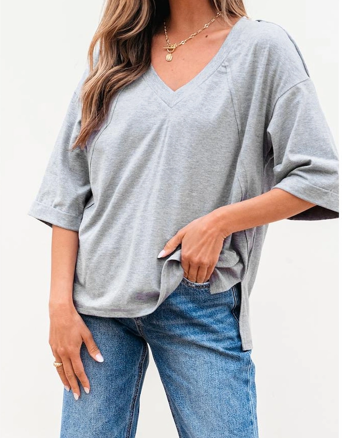 High Raglan Half Sleeve V Neck Oversized T Shirt
