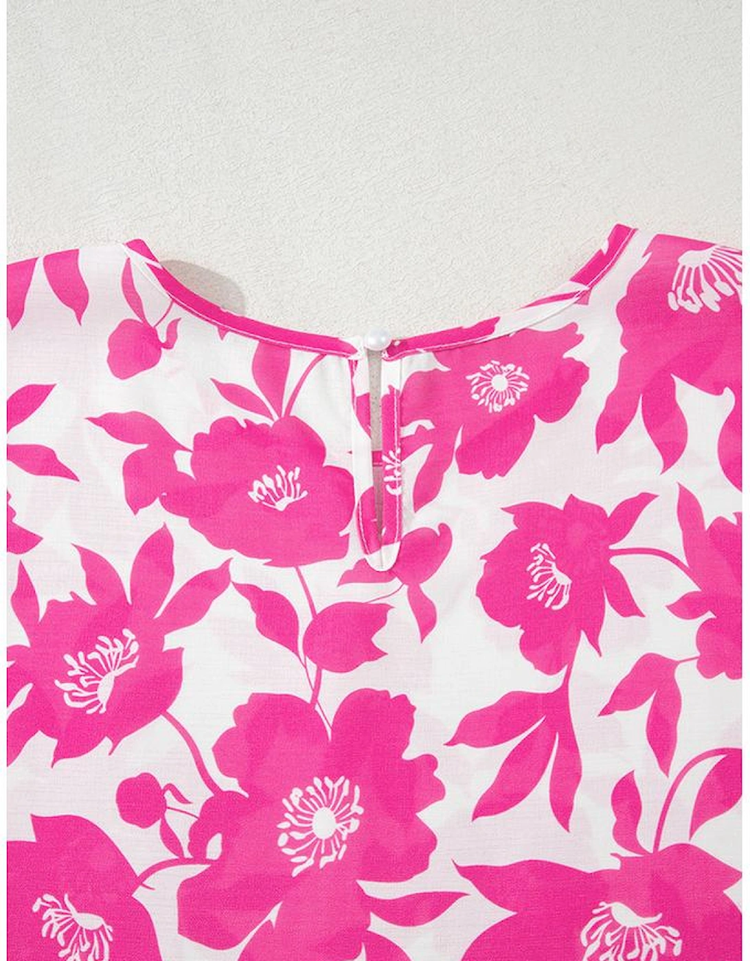 Pink Floral Printed Ruffled Short Sleeve Round Neck Loose Blouse