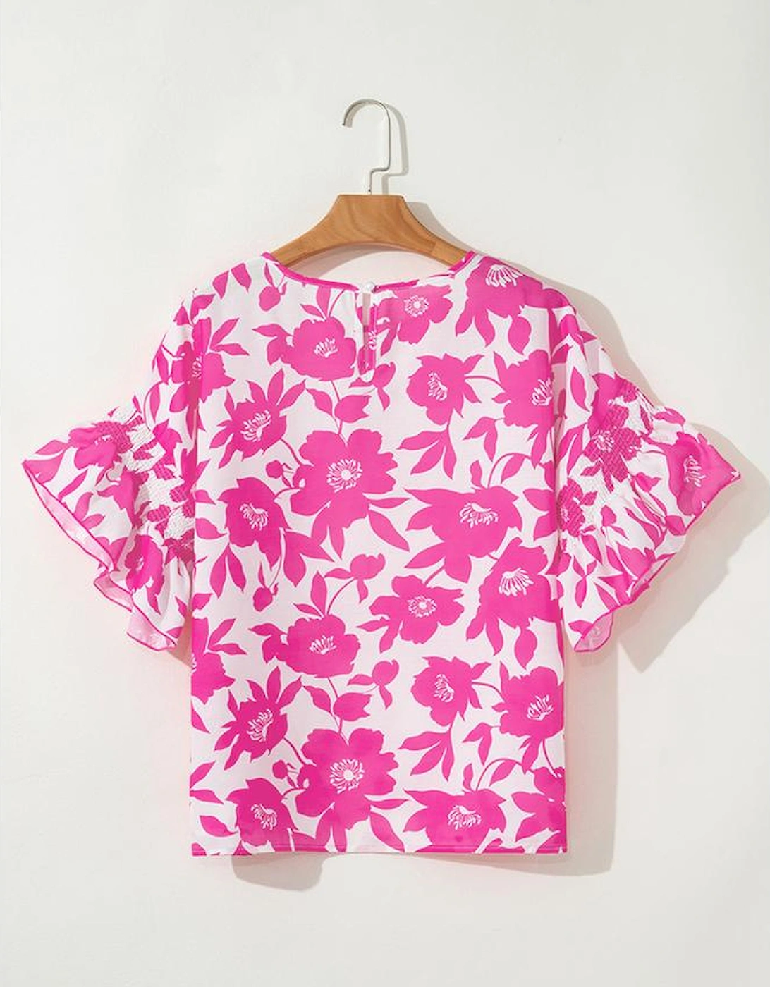 Pink Floral Printed Ruffled Short Sleeve Round Neck Loose Blouse