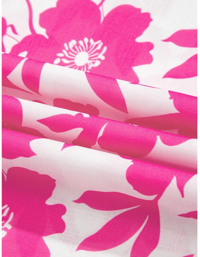 Pink Floral Printed Ruffled Short Sleeve Round Neck Loose Blouse