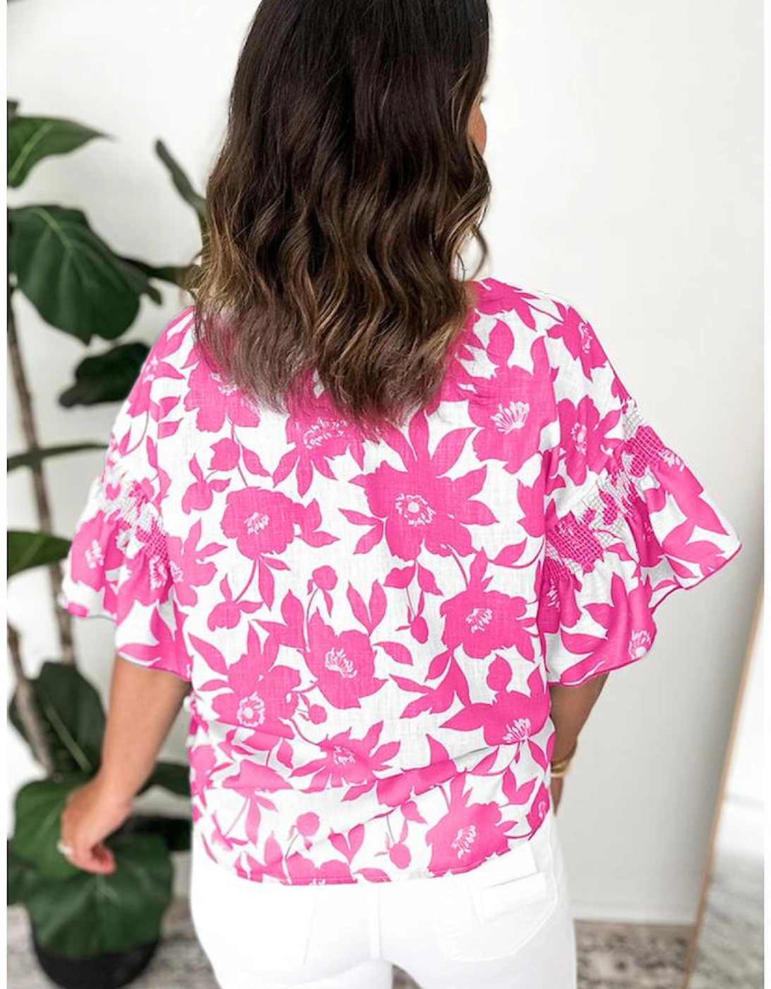 Pink Floral Printed Ruffled Short Sleeve Round Neck Loose Blouse, 12 of 11