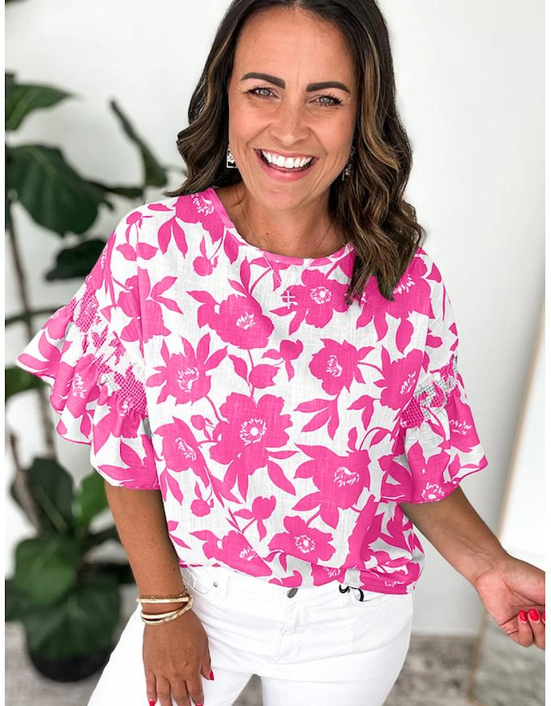 Pink Floral Printed Ruffled Short Sleeve Round Neck Loose Blouse