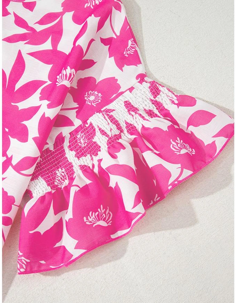 Pink Floral Printed Ruffled Short Sleeve Round Neck Loose Blouse