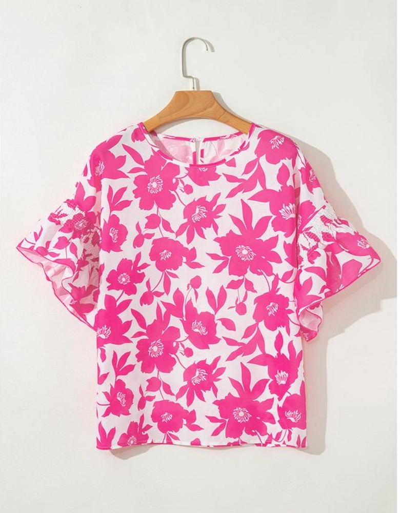 Pink Floral Printed Ruffled Short Sleeve Round Neck Loose Blouse