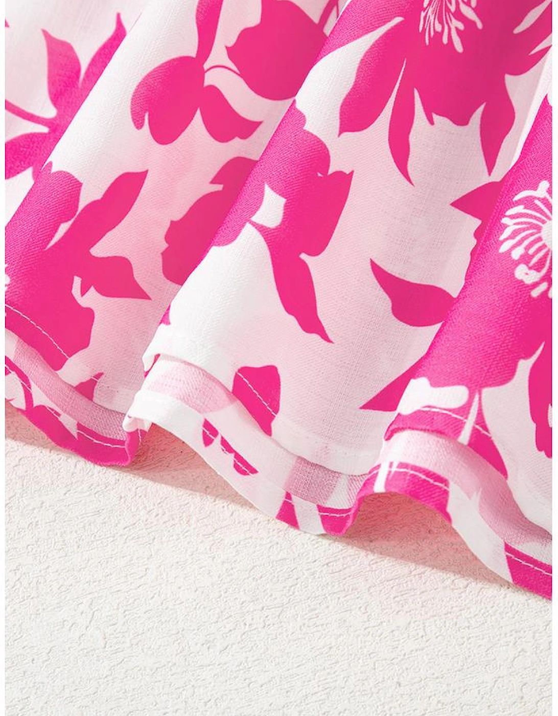 Pink Floral Printed Ruffled Short Sleeve Round Neck Loose Blouse