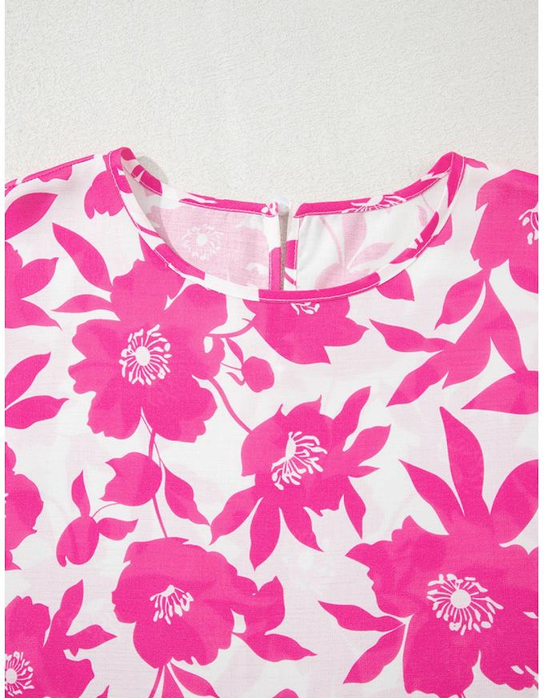 Pink Floral Printed Ruffled Short Sleeve Round Neck Loose Blouse