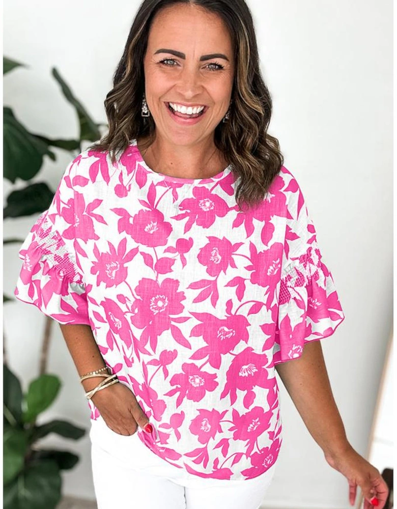 Pink Floral Printed Ruffled Short Sleeve Round Neck Loose Blouse