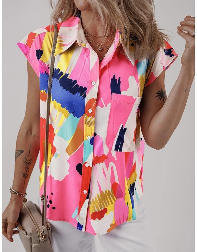 Multicolour Abstract Print Collared Cap Sleeve Casual Shirt