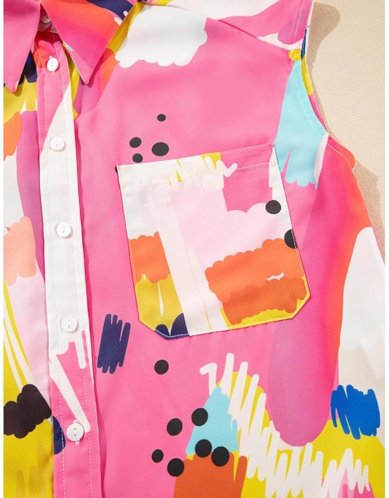 Multicolour Abstract Print Collared Cap Sleeve Casual Shirt