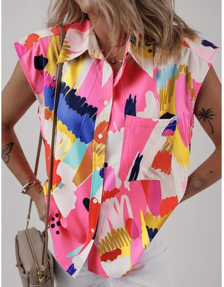 Multicolour Abstract Print Collared Cap Sleeve Casual Shirt
