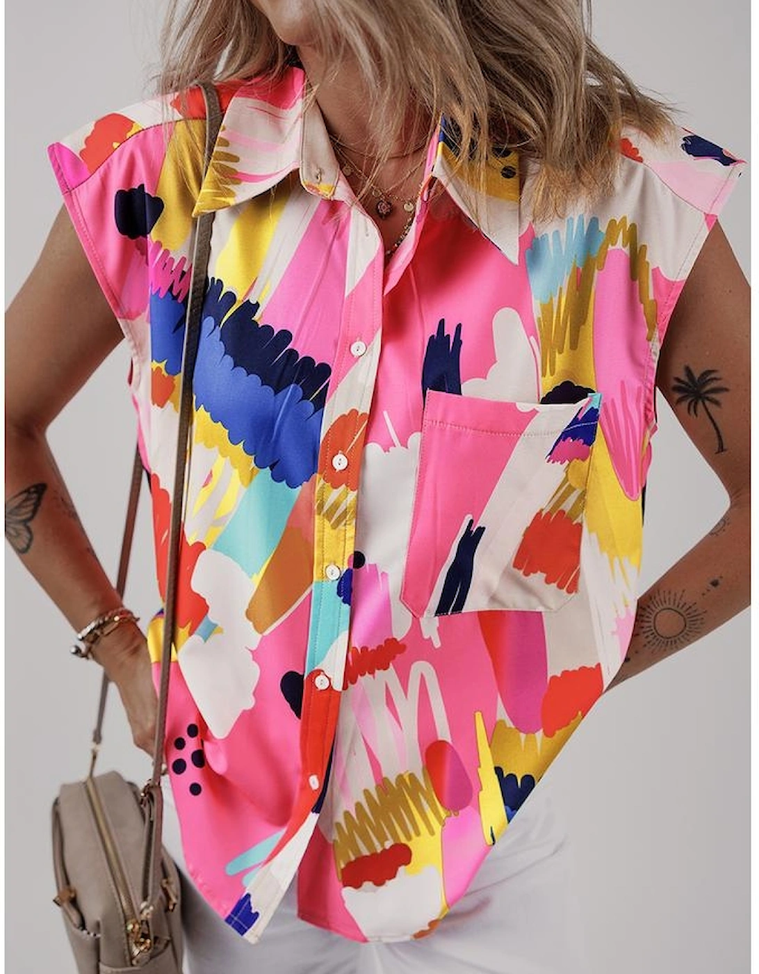 Multicolour Abstract Print Collared Cap Sleeve Casual Shirt