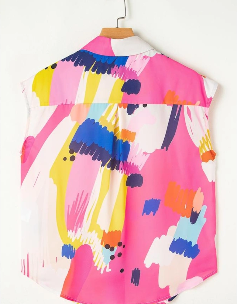 Multicolour Abstract Print Collared Cap Sleeve Casual Shirt