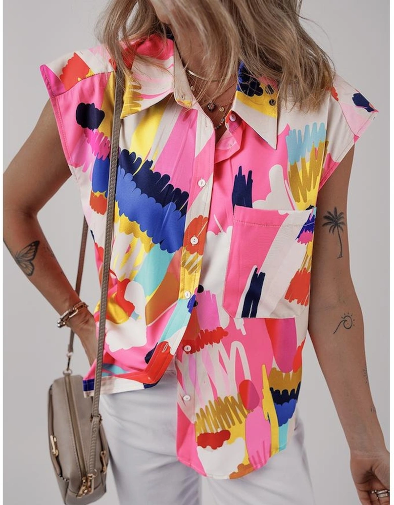 Multicolour Abstract Print Collared Cap Sleeve Casual Shirt