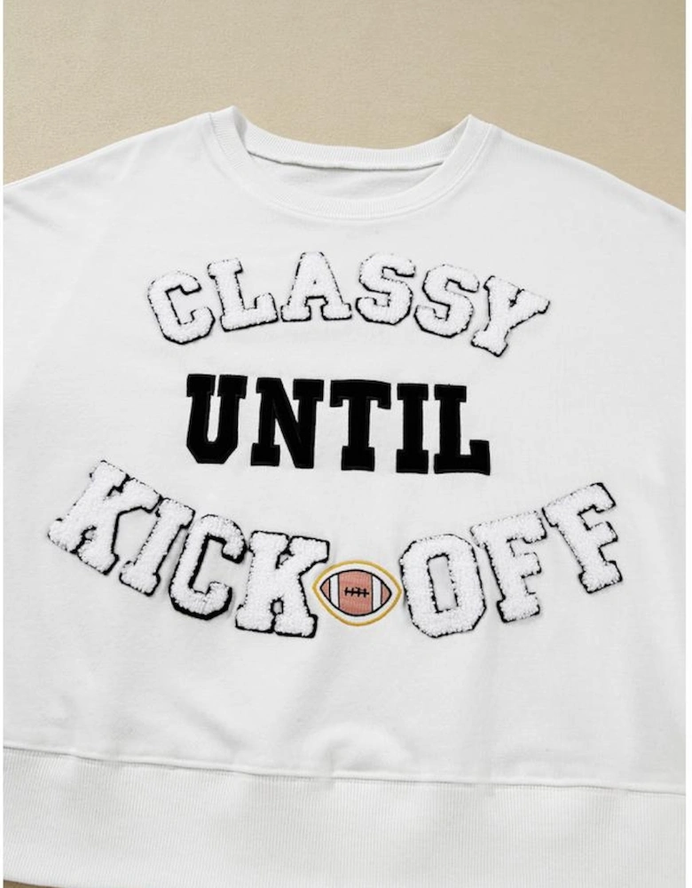 White CLASSY UNTIL KICKOFF Plush Letter Patched Loose Sweatshirt