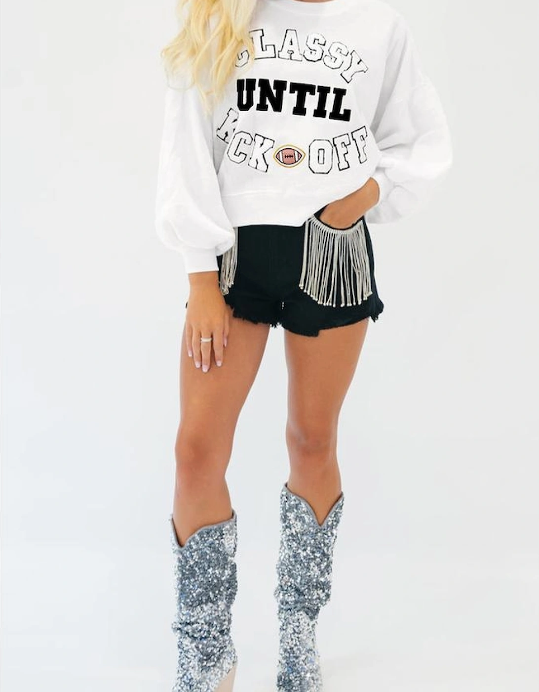 White CLASSY UNTIL KICKOFF Plush Letter Patched Loose Sweatshirt, 12 of 11