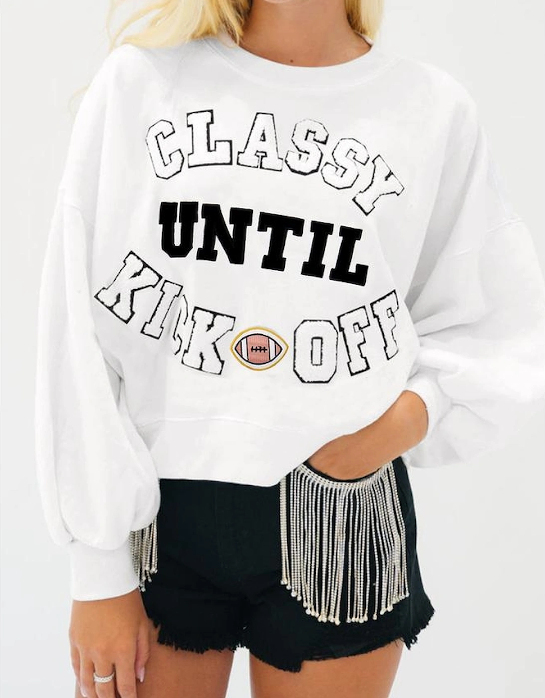 White CLASSY UNTIL KICKOFF Plush Letter Patched Loose Sweatshirt