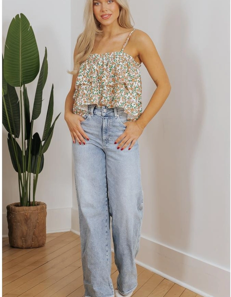 White Boho Floral Spaghetti Strap Ruffle Summer Tank Top