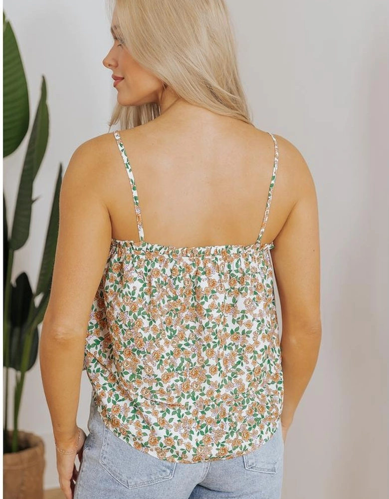 White Boho Floral Spaghetti Strap Ruffle Summer Tank Top