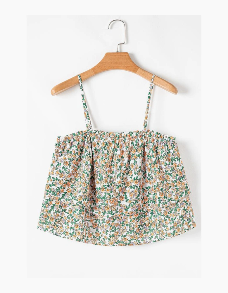 White Boho Floral Spaghetti Strap Ruffle Summer Tank Top