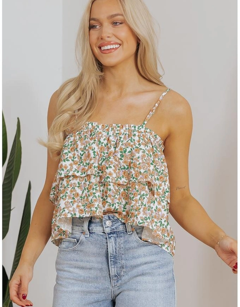 White Boho Floral Spaghetti Strap Ruffle Summer Tank Top