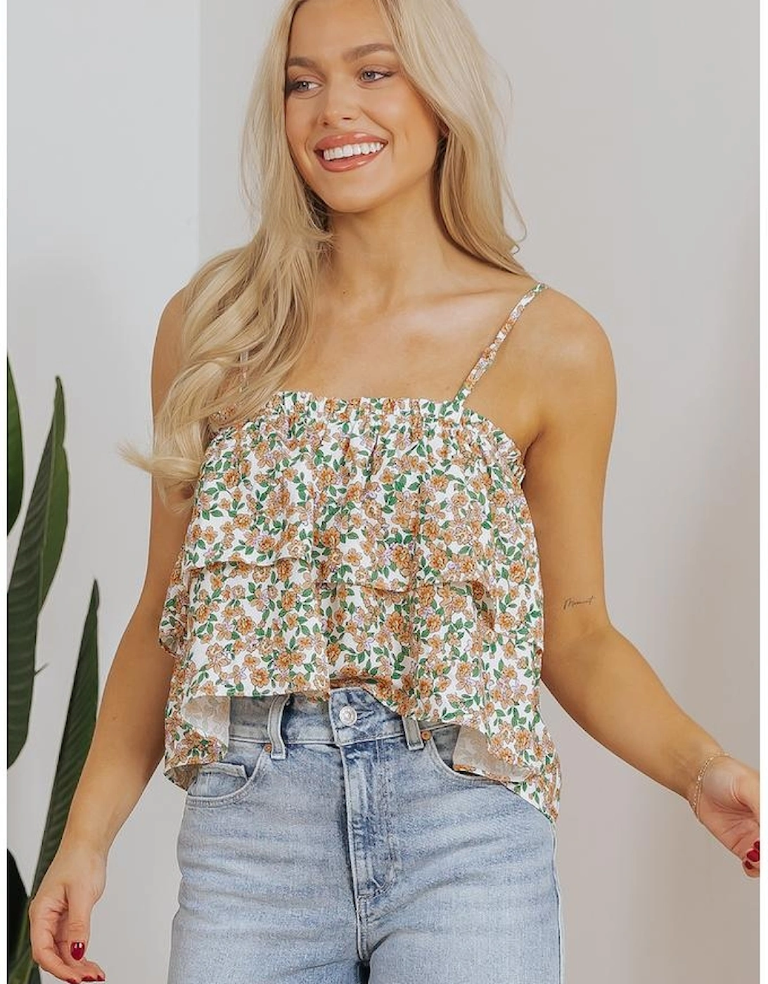 White Boho Floral Spaghetti Strap Ruffle Summer Tank Top