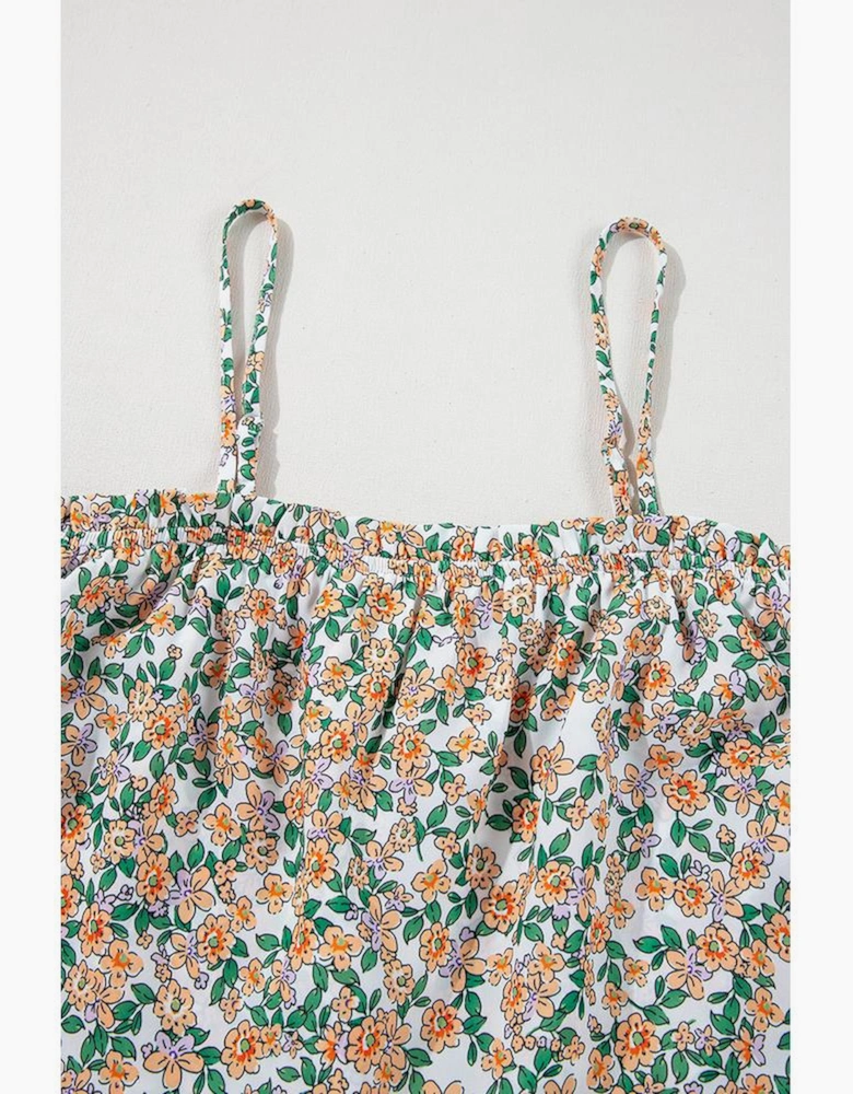 White Boho Floral Spaghetti Strap Ruffle Summer Tank Top