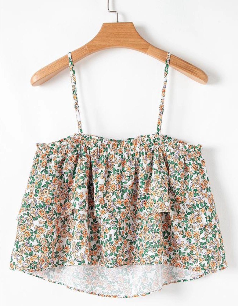 White Boho Floral Spaghetti Strap Ruffle Summer Tank Top