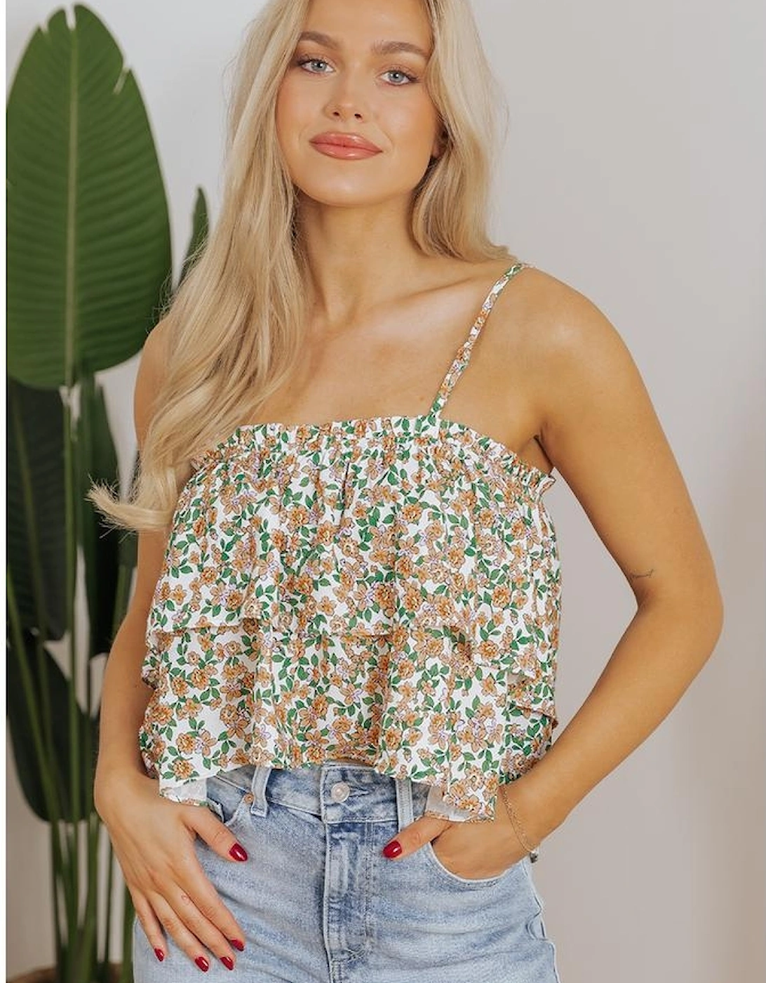 White Boho Floral Spaghetti Strap Ruffle Summer Tank Top