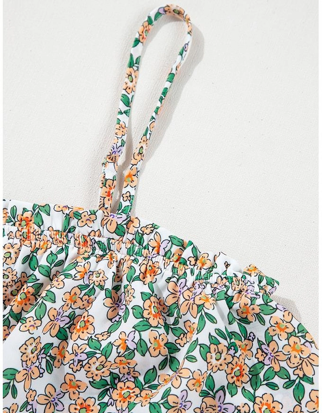 White Boho Floral Spaghetti Strap Ruffle Summer Tank Top