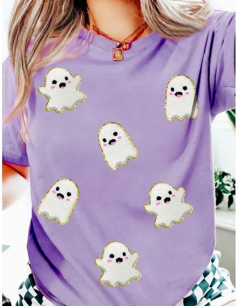 Wisteria Glitter Trim Chenille Ghost Patched Halloween Graphic Tee