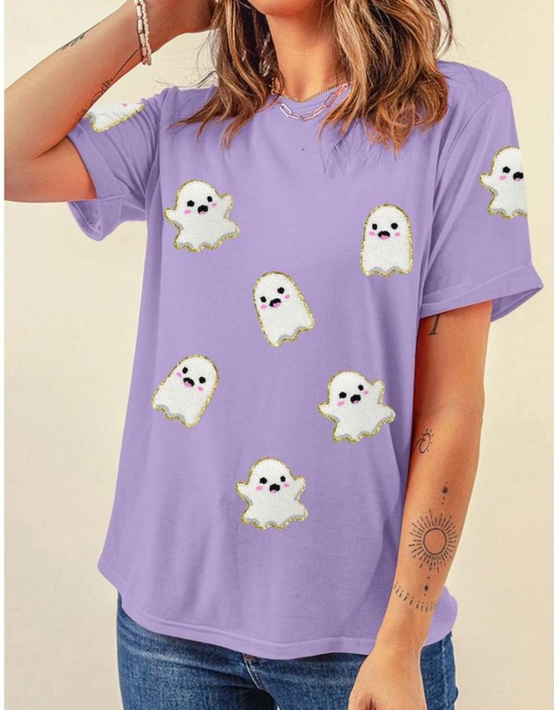 Wisteria Glitter Trim Chenille Ghost Patched Halloween Graphic Tee