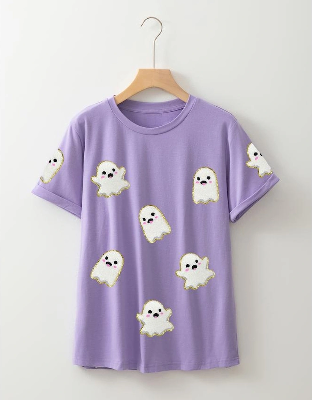 Wisteria Glitter Trim Chenille Ghost Patched Halloween Graphic Tee