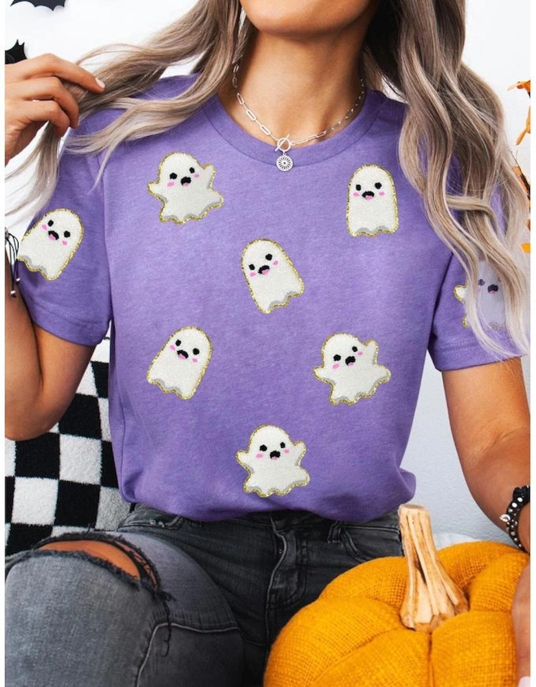 Wisteria Glitter Trim Chenille Ghost Patched Halloween Graphic Tee