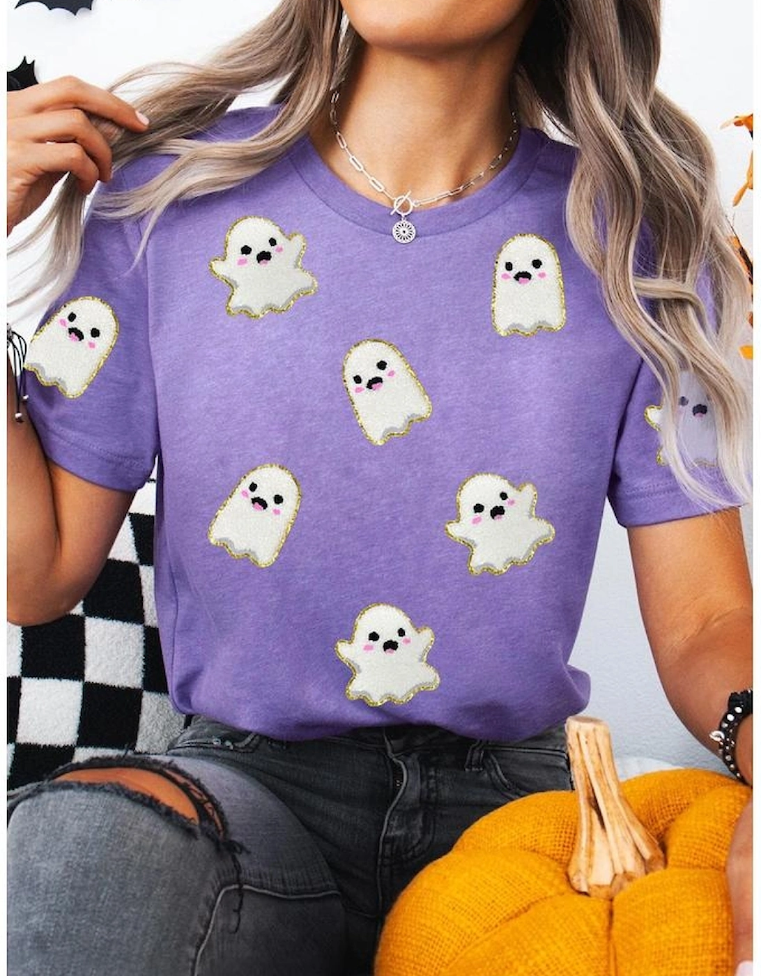 Wisteria Glitter Trim Chenille Ghost Patched Halloween Graphic Tee