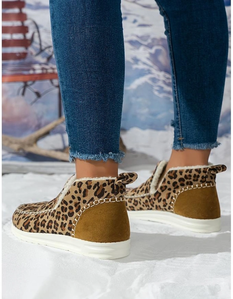 Brown Leopard Print Ankle Patched Flat Winter Fur Boots