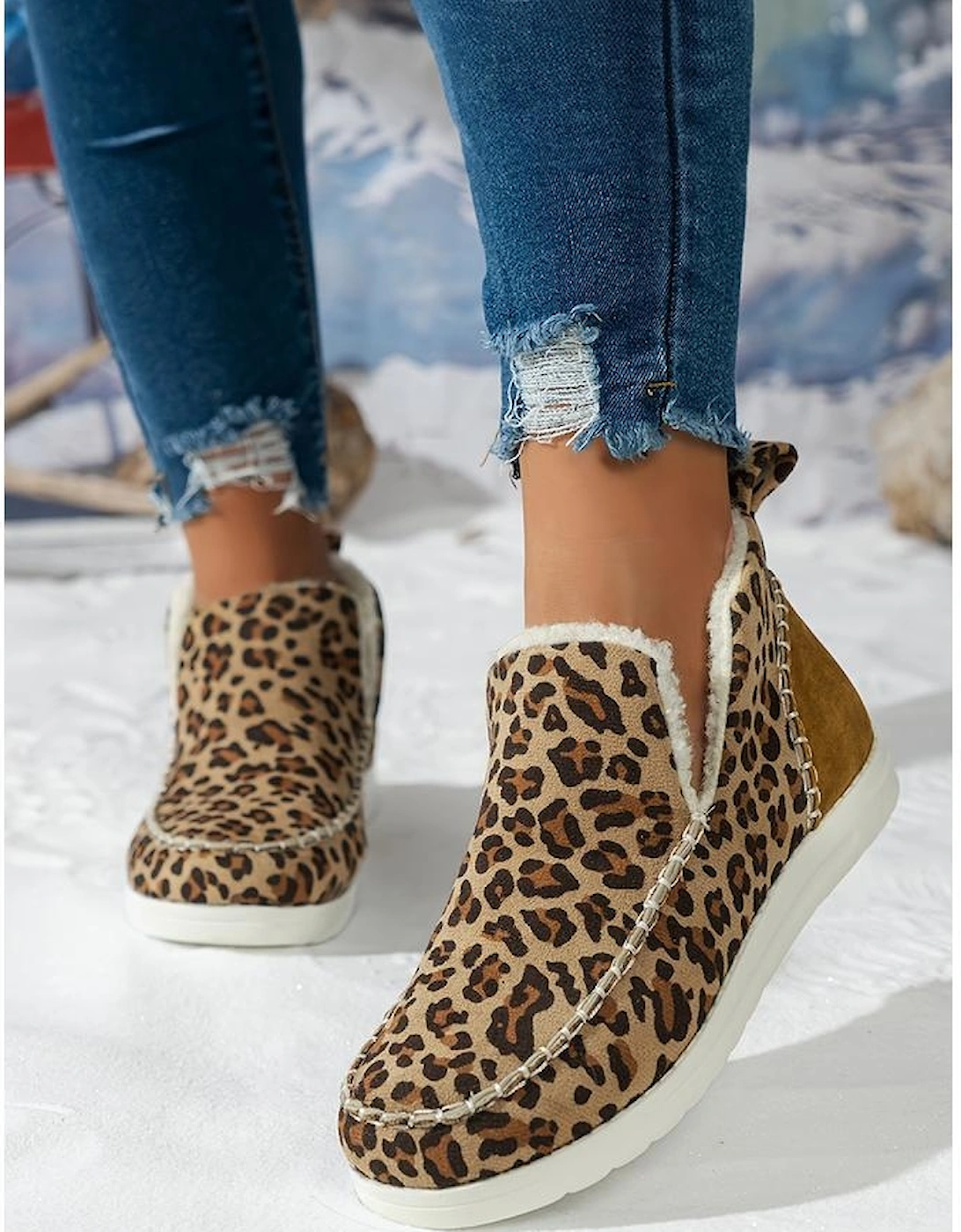 Brown Leopard Print Ankle Patched Flat Winter Fur Boots