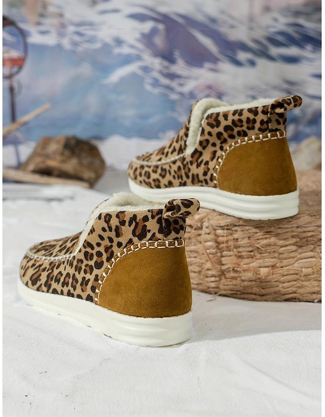 Brown Leopard Print Ankle Patched Flat Winter Fur Boots