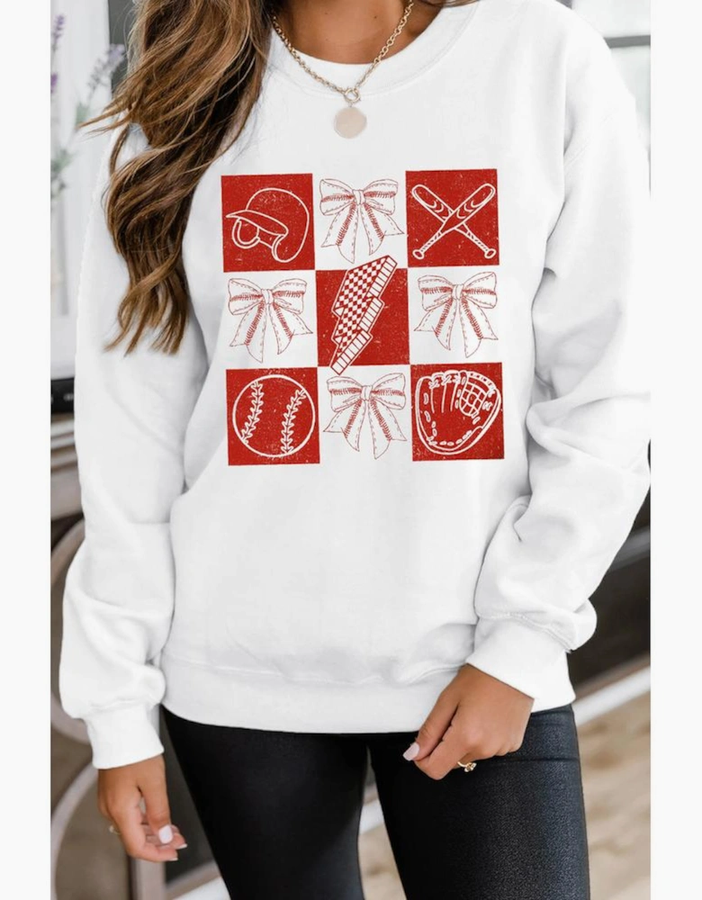 White Baseball Fashion Graphic Cotton Blend Casual Sweatshirt
