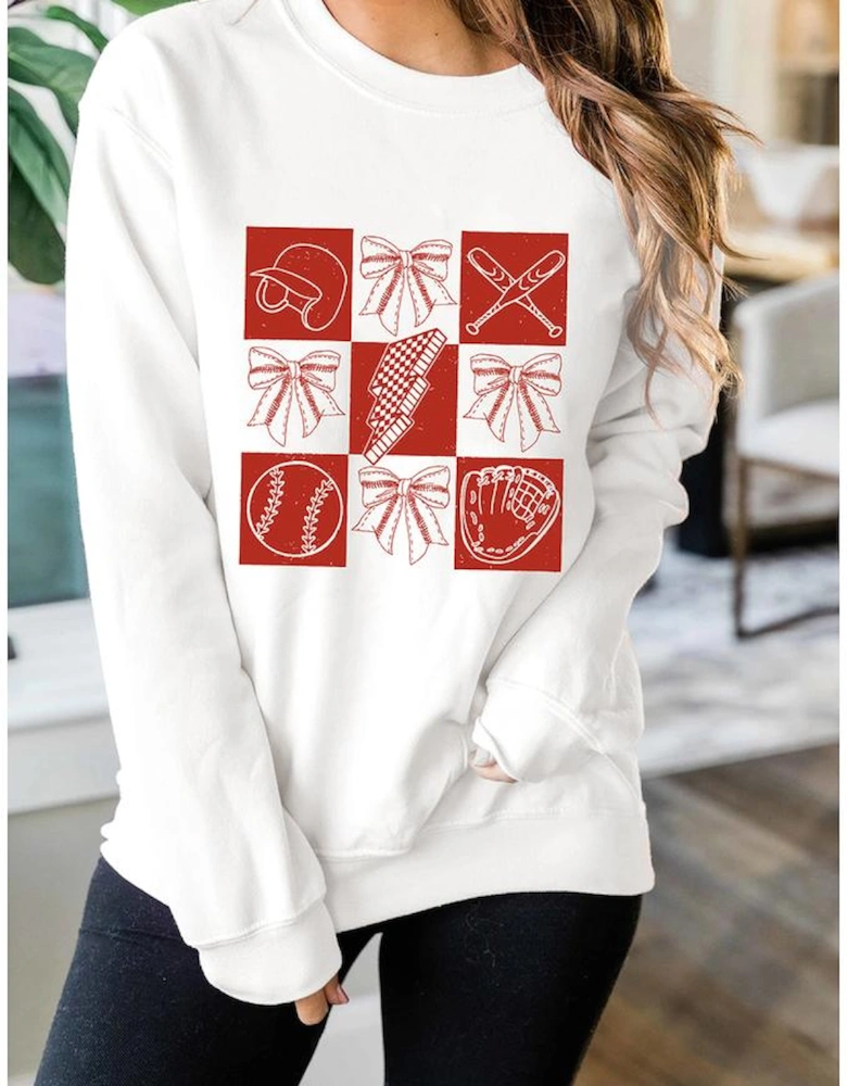 White Baseball Fashion Graphic Cotton Blend Casual Sweatshirt