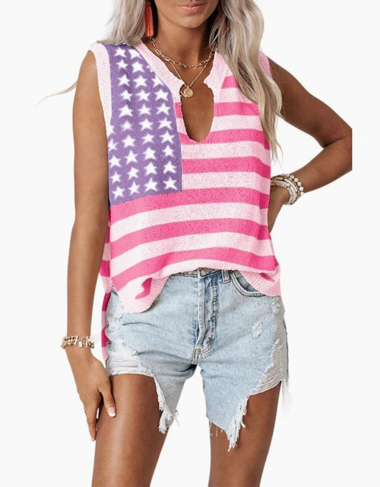 Pink Stripe USA Flag Notched Neckline Loose Sweater Vest